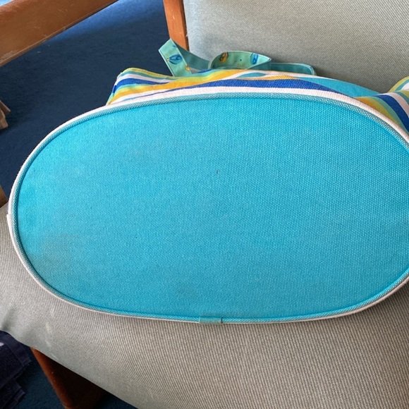 Beach Tote Colorful Green & Blue Striped with Pocket inside of Tote - Picture 5 of 8